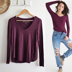 Aéropostale Seriously Soft Perfect V Long Sleeve Top XS Purple Plum Burgundy